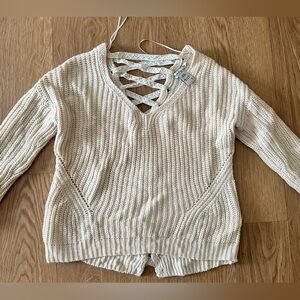 Macys Cream V-Neck Sweater with Lace-Up Design